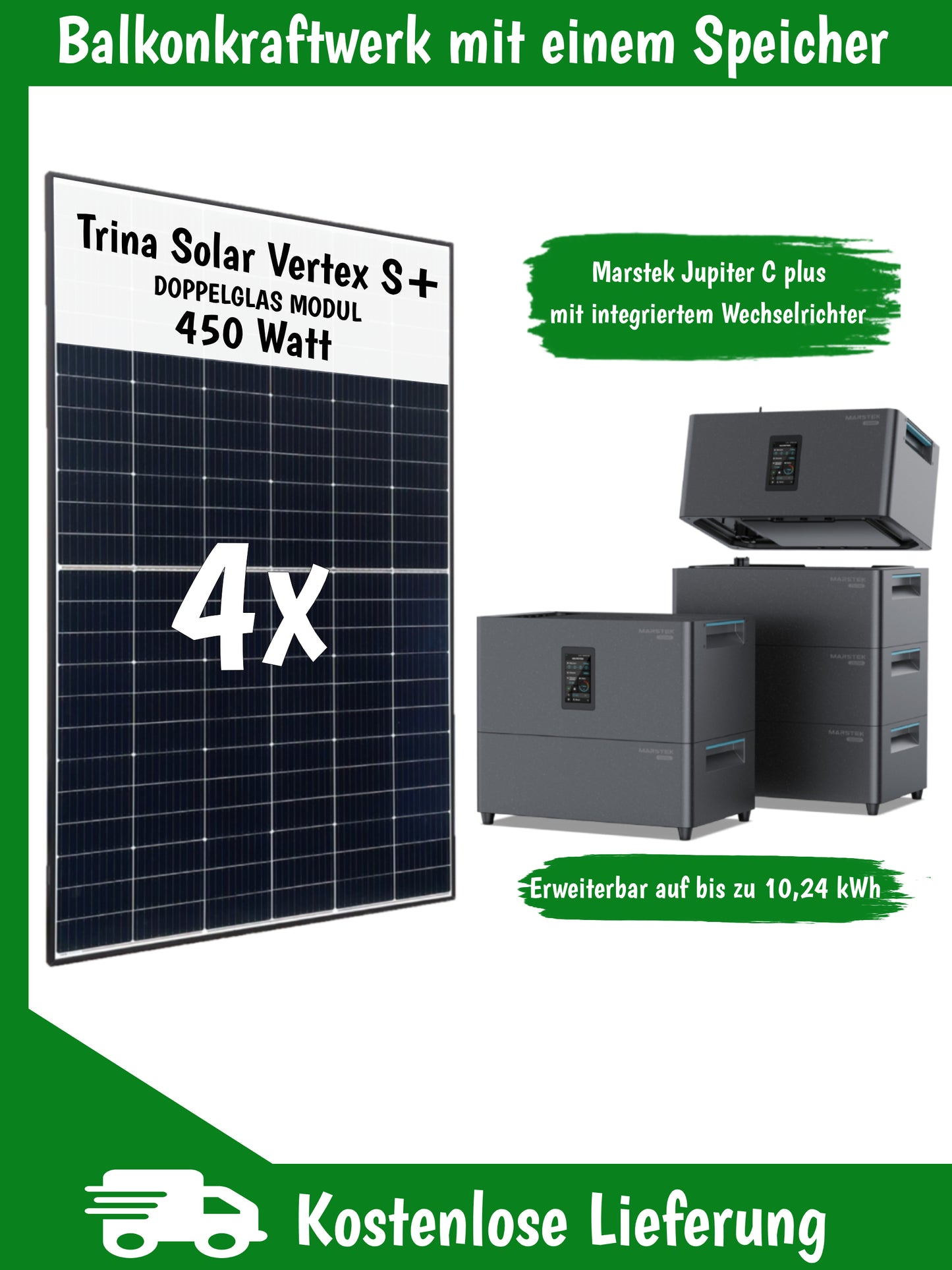 Balkonkraftwerk-Komplettset mit 4 Solarmodulen & MARSTEK JUPITER C+ (All-in-One) – inklusive Lieferung
