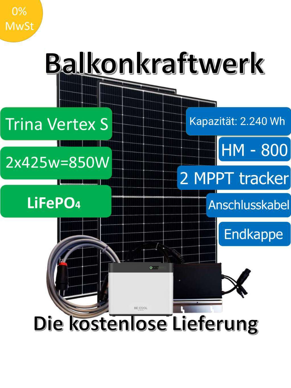 BEFA Balkonkraftwerk 800 Watt mit einem 2,24 kWh Speicher (BECOOL), inkl. Lieferung