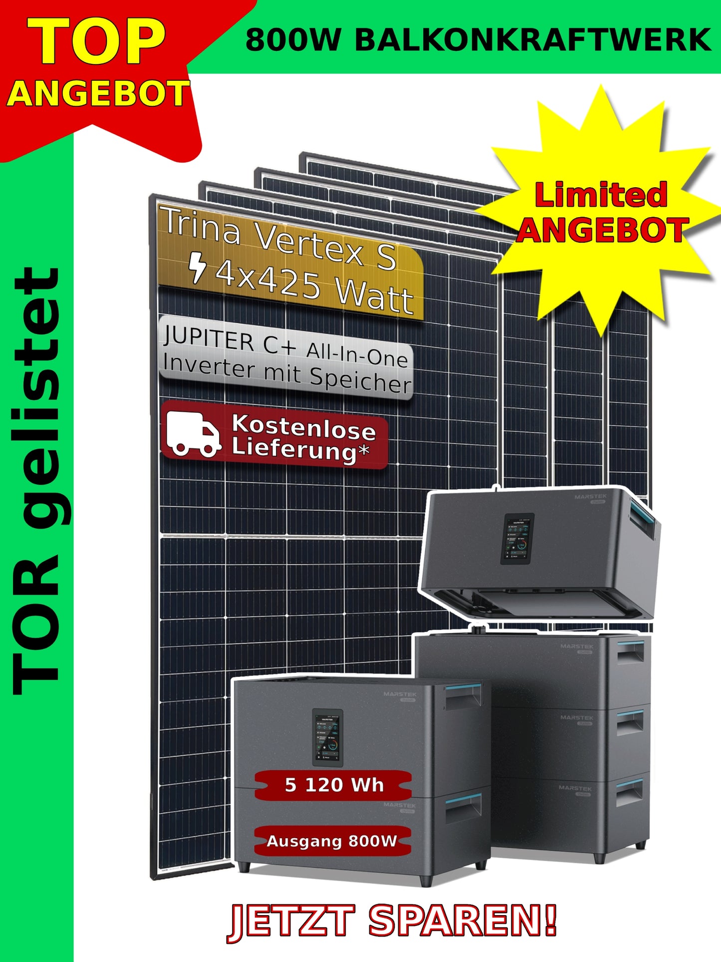 Balcony power station complete set with 4 solar modules and MARSTEK JUPITER C+ (ALL-in-ONE), including delivery