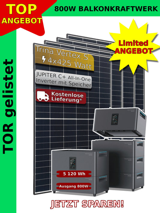 Balcony power station complete set with 4 solar modules and MARSTEK JUPITER C+ (ALL-in-ONE), including delivery