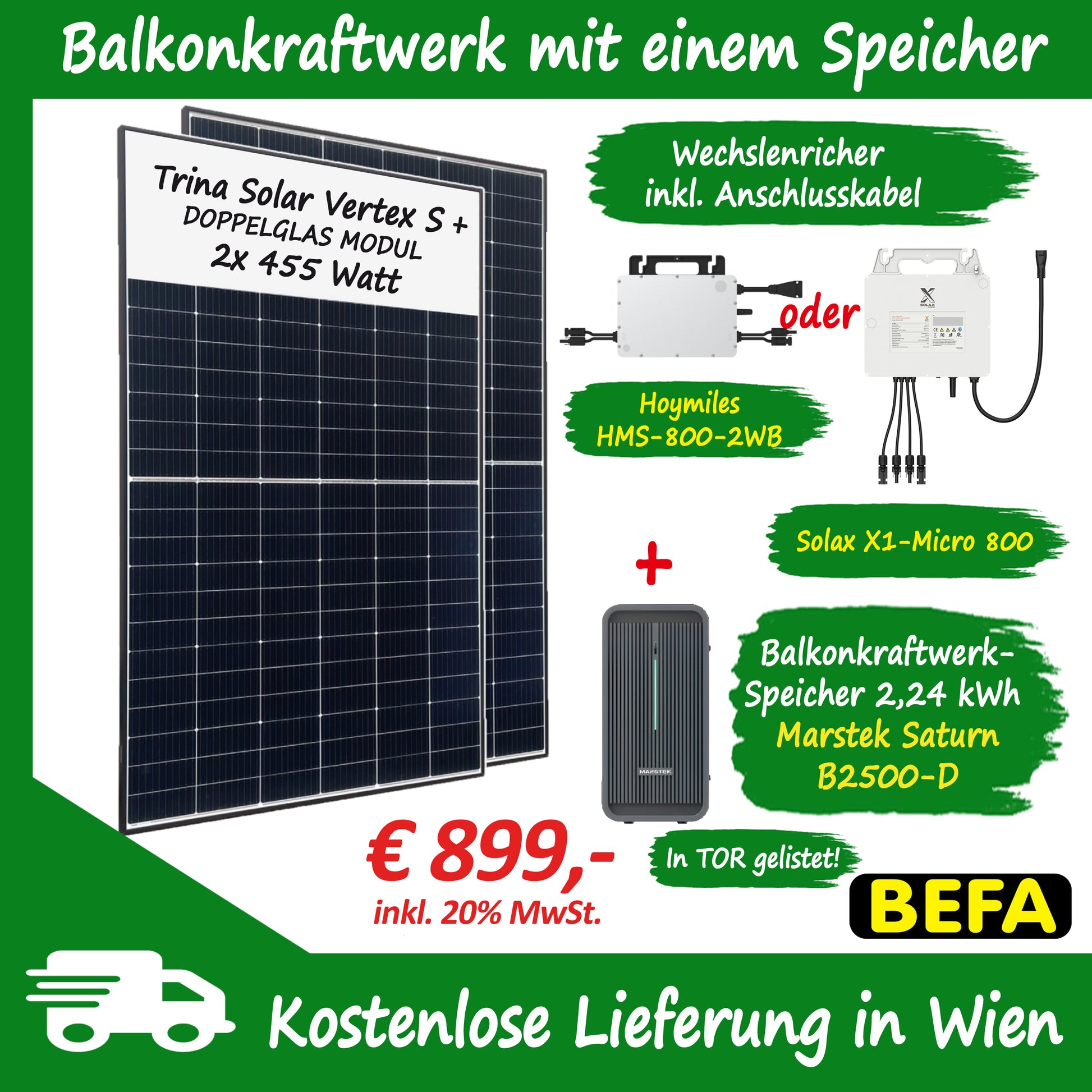 Balkonkraftwerk 800 Watt mit Marstek Saturn Speicher und Hoymiles oder Solar Wechselrichter
