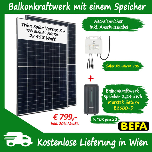 BEFA Balkonkraftwerk 800 Watt mit einem 2,24 kWh Speicher (Marstek), inkl. Lieferung