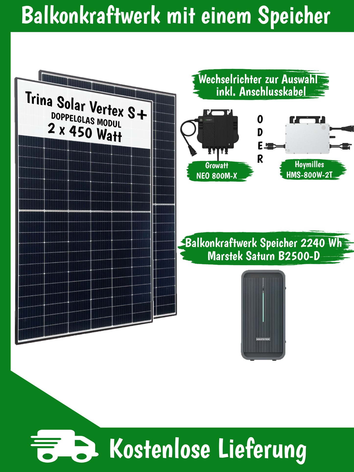 BEFA Balkonkraftwerk 800 Watt mit einem 2,24 kWh Speicher (Marstek), inkl. Lieferung